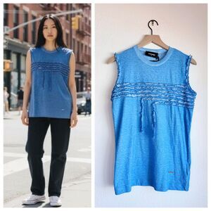 NWT DSQUARED2 Blue Deconstructed Ruffle Fringe Sleeveless Tank Top Size M